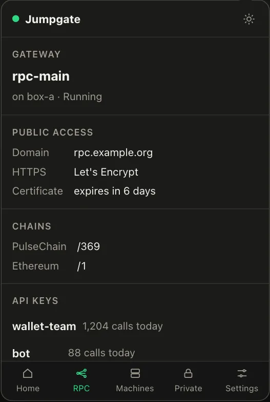 The app's RPC tab: the gateway, its domain and certificate, chains and API keys.